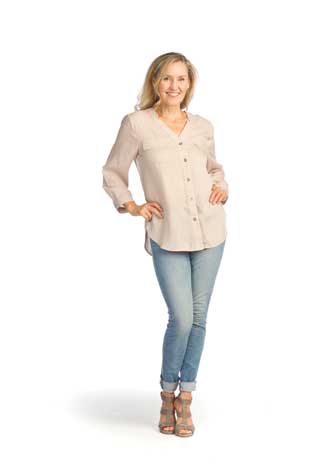 PT-12020 - BUTTON FRONT BLOUSE WITH TAB SLEEVE - Colors: BEIGE, WHITE - Available Sizes:XS-XXL - Catalog Page:48 
